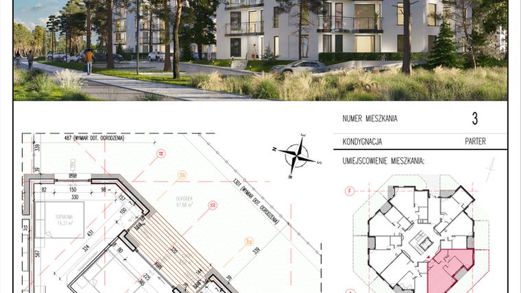 Rzut - Mieszkanie na sprzedaż 3 pokoje o powierzchni 68,09 m² - numer 3 w Grasera 12