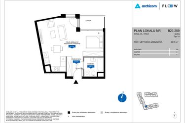 Rzut - Mieszkanie na sprzedaż 1 pokój o powierzchni 38,76 m² - numer B23 259 w Flow - bud. B2 A i bud. B2 B