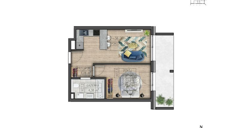 Rzut - Mieszkanie na sprzedaż 2 pokoje o powierzchni 36,09 m² - numer H22 w Osiedle Parkowe