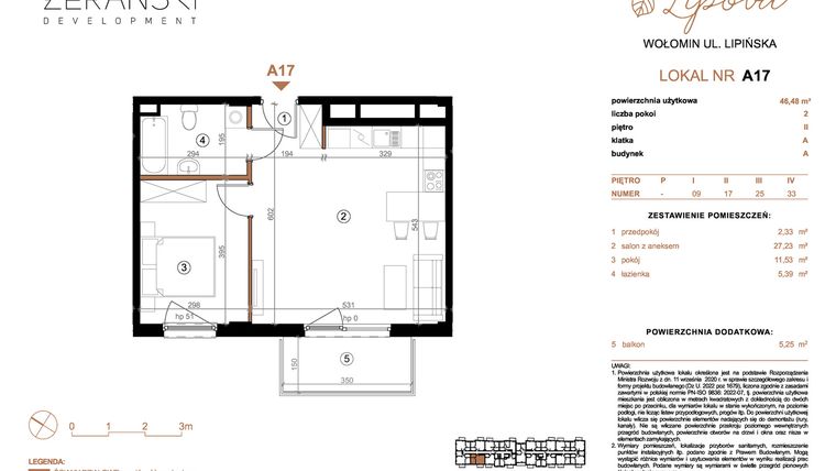 Rzut - Mieszkanie na sprzedaż 2 pokoje o powierzchni 46,48 m² - numer A17 w LIPOVA