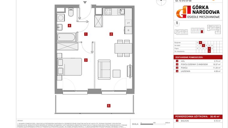 Rzut - Mieszkanie na sprzedaż 2 pokoje o powierzchni 38,4 m² - numer GN_4_1_H_14 w Osiedle Górka Narodowa
