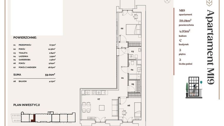 Rzut - Mieszkanie na sprzedaż 3 pokoje o powierzchni 62,15 m² - numer C.19 w Młyny Mogilska