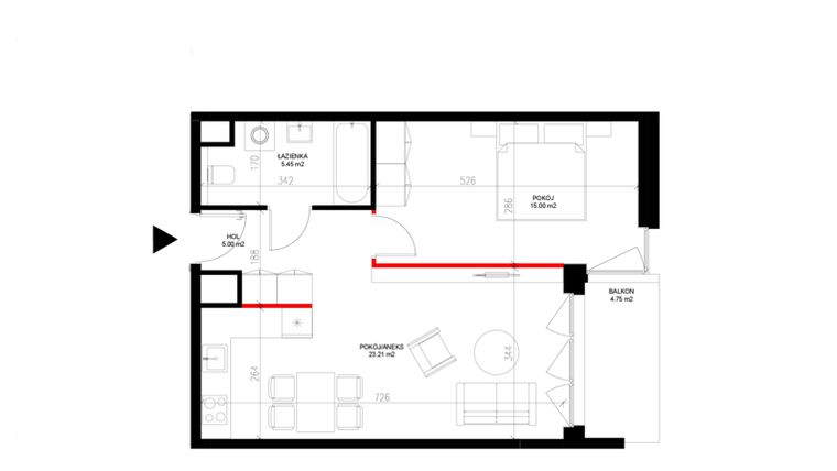 Rzut - Mieszkanie na sprzedaż 2 pokoje o powierzchni 48,66 m² - numer E.6.5 w INSPIRE ETAP IV – bud. E