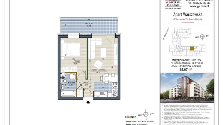 Rzut - Mieszkanie na sprzedaż 2 pokoje o powierzchni 35,67 m² - numer 75 w Apart Warszawska