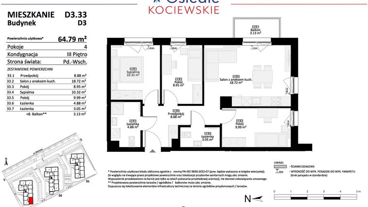 Rzut - Mieszkanie na sprzedaż 4 pokoje o powierzchni 64,79 m² - numer D3.33 w Osiedle Kociewskie etap IV