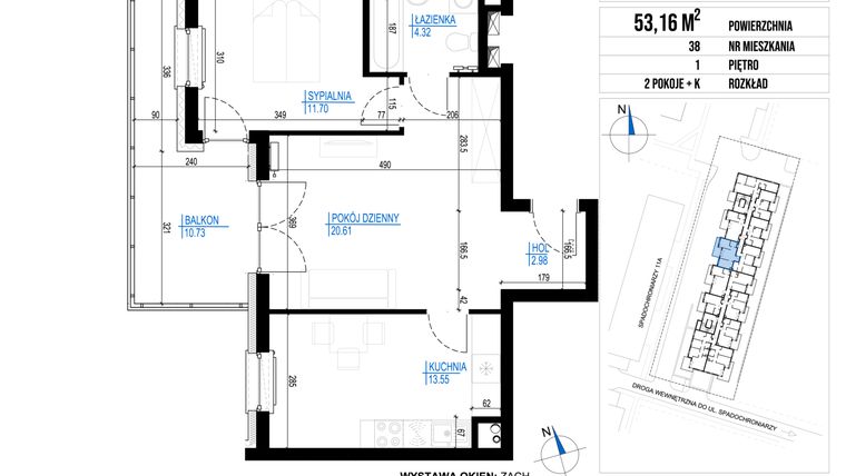 Rzut - Mieszkanie na sprzedaż 2 pokoje o powierzchni 53,16 m² - numer 38 w Vieniava edycja druga
