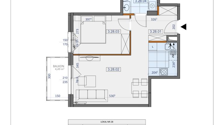 Rzut - Mieszkanie na sprzedaż 2 pokoje o powierzchni 46,36 m² - numer 28 w Osiedle Zycha