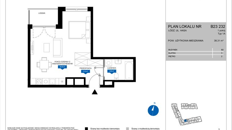 Rzut - Mieszkanie na sprzedaż 1 pokój o powierzchni 38,31 m² - numer B23 232 w Flow - bud. B2 A i bud. B2 B