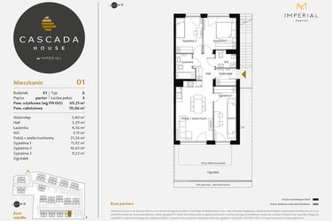 Rzut - Mieszkanie na sprzedaż 4 pokoje o powierzchni 69,49 m² - numer 1.1 w CASCADA House
