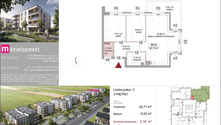 Rzut - Mieszkanie na sprzedaż 3 pokoje o powierzchni 52,71 m² - numer Bud.8 m18 w Projekt Polne Kwiaty