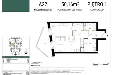 Rzut - Mieszkanie na sprzedaż 2 pokoje o powierzchni 50,16 m² - numer A22 w Drago