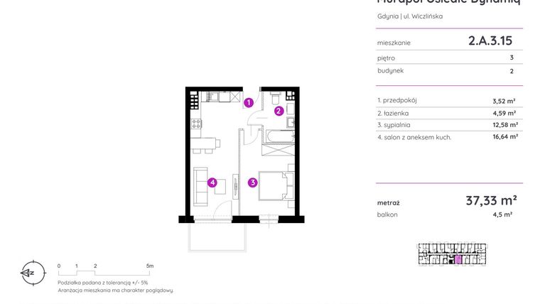 Rzut - Mieszkanie na sprzedaż 2 pokoje o powierzchni 37,33 m² - numer 2.A.3.15 w Murapol Osiedle Dynamiq