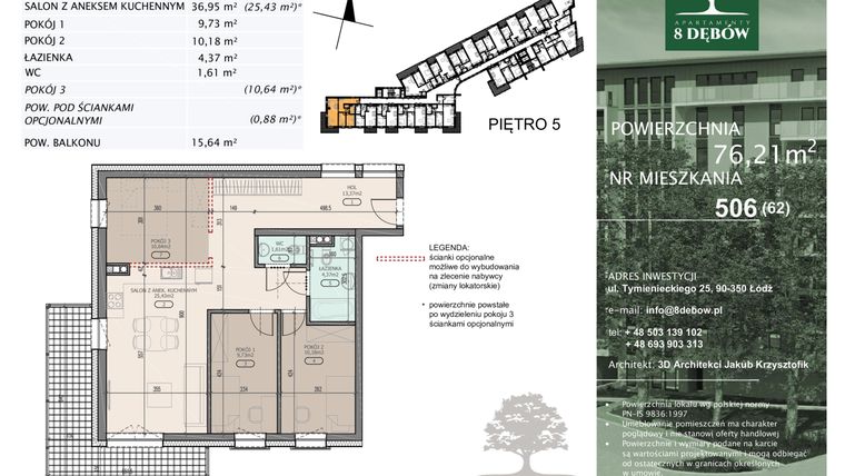 Rzut - Mieszkanie na sprzedaż 4 pokoje o powierzchni 76,21 m² - numer 506 w Apartamenty 8 Dębów