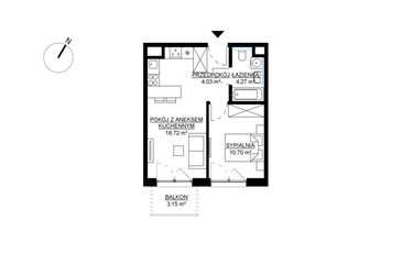 Rzut - Mieszkanie na sprzedaż 2 pokoje o powierzchni 37,72 m² - numer M41 w KWADRAT etap 2