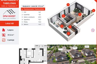 Rzut - Mieszkanie na sprzedaż 3 pokoje o powierzchni 57,2 m² - numer A8 w Apartamenty Tabelowa