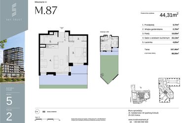 Rzut - Mieszkanie na sprzedaż 2 pokoje o powierzchni 44,31 m² - numer M87 w Sky Trust etap II