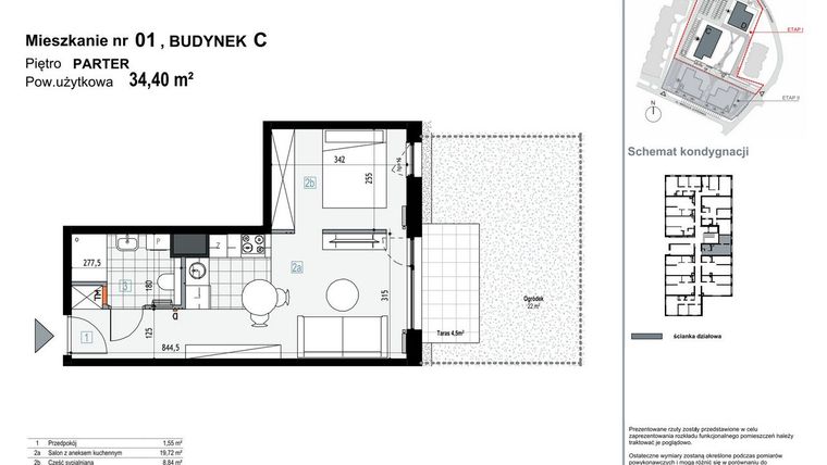 Rzut - Mieszkanie na sprzedaż 1 pokój o powierzchni 34,4 m² - numer C1 w Apartamenty Kopernika
