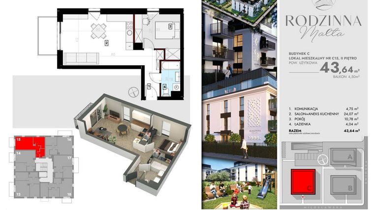 Rzut - Mieszkanie na sprzedaż 2 pokoje o powierzchni 43,7 m² - numer C15 w Rodzinna Malta