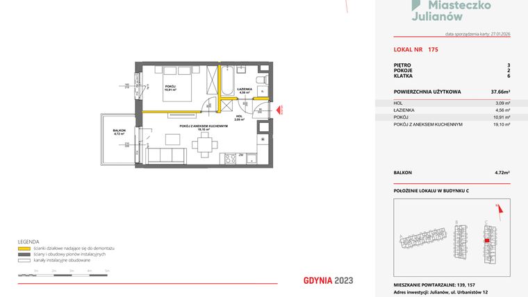 Rzut - Mieszkanie na sprzedaż 2 pokoje o powierzchni 37,61 m² - numer 175 w Miasteczko Julianów