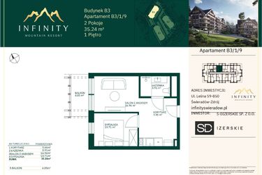Rzut - Mieszkanie na sprzedaż 2 pokoje o powierzchni 35,24 m² - numer B3.1.9 w Infinity Mountain Resort