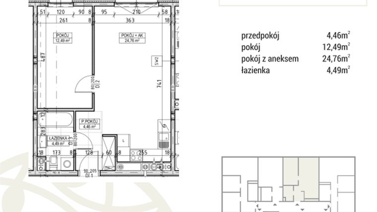 Rzut - Mieszkanie na sprzedaż 2 pokoje o powierzchni 46,2 m² - numer A1.02.18 w Zakątek Flora