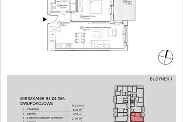 Rzut - Mieszkanie na sprzedaż 2 pokoje o powierzchni 43,08 m² - numer B1-04-39A w Francuska Park IX