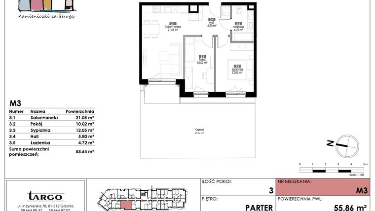 Rzut - Mieszkanie na sprzedaż 3 pokoje o powierzchni 53,64 m² - numer M3 w Kamieniczki za Strugą