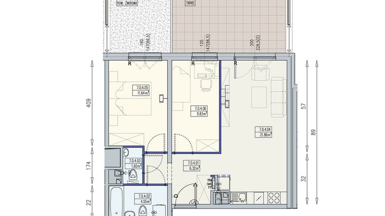 Rzut - Mieszkanie na sprzedaż 3 pokoje o powierzchni 55,87 m² - numer K2 7/0/4/3a w Południk 17 - budynek K2