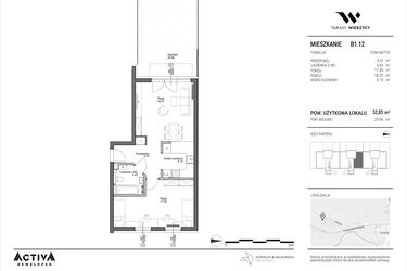 Rzut - Mieszkanie na sprzedaż 2 pokoje o powierzchni 52,83 m² - numer B1.12 w Tarasy Wierzycy
