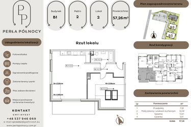 Rzut - Mieszkanie na sprzedaż 2 pokoje o powierzchni 57,26 m² - numer B1.2_2 w Perła Północy etap 2