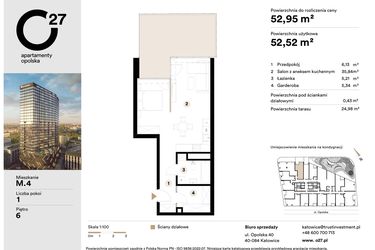 Rzut - Mieszkanie na sprzedaż 1 pokój o powierzchni 52,95 m² - numer M.4 w O27 Apartamenty Opolska