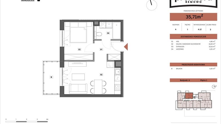 Rzut - Mieszkanie na sprzedaż 2 pokoje o powierzchni 35,71 m² - numer A.12 w Premiera Bemowo