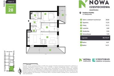Rzut - Mieszkanie na sprzedaż 3 pokoje o powierzchni 65,16 m² - numer A28 w Nowa Częstochowa Małopolska