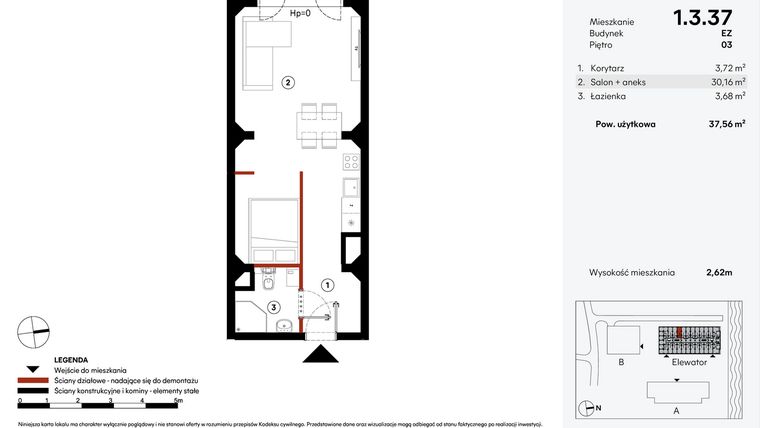 Rzut - Mieszkanie na sprzedaż 1 pokój o powierzchni 37,56 m² - numer EZ.1.3.37 w Elewator - Mieszkania i Lofty