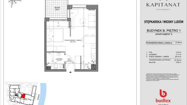 Rzut - Mieszkanie na sprzedaż 2 pokoje o powierzchni 37,96 m² - numer 6.B w Kapitanat Apartamenty