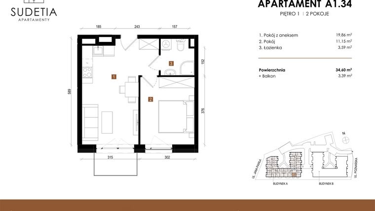Rzut - Mieszkanie na sprzedaż 2 pokoje o powierzchni 34,6 m² - numer A 1.34 w Apartamenty Sudetia