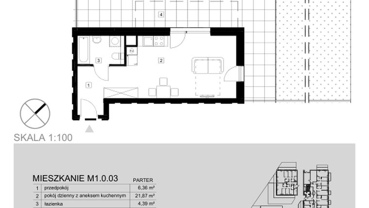 Rzut - Mieszkanie na sprzedaż 1 pokój o powierzchni 32,62 m² - numer M1.0.03 w Modern Helenów