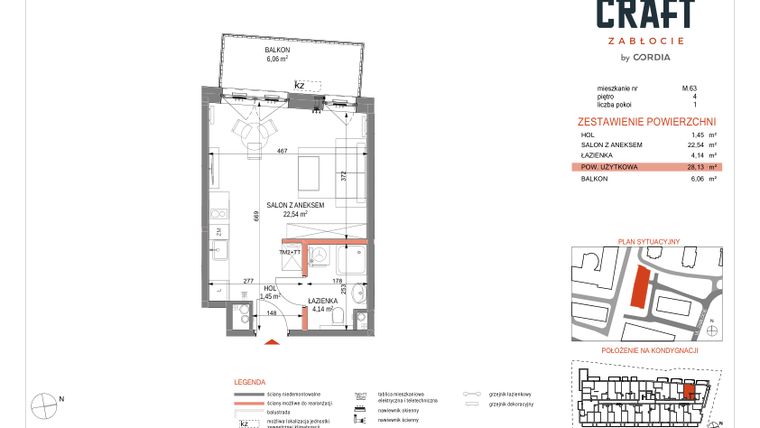 Rzut - Mieszkanie na sprzedaż 1 pokój o powierzchni 28,13 m² - numer A1.M.63 w Craft Zabłocie