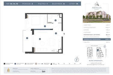 Rzut - Mieszkanie na sprzedaż 2 pokoje o powierzchni 38,4 m² - numer 1A.1A.10 w Astelia Park etap 1A i 3