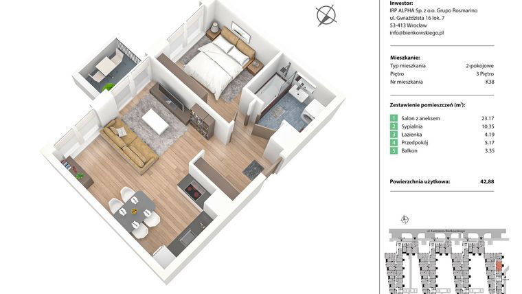 Rzut - Mieszkanie na sprzedaż 2 pokoje o powierzchni 42,93 m² - numer K38 w Nowe Żerniki Bieńkowskiego etap II