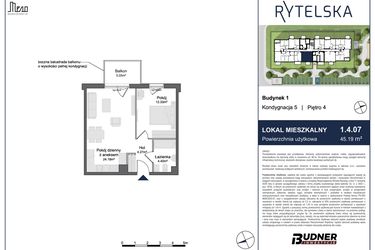 Rzut - Mieszkanie na sprzedaż 2 pokoje o powierzchni 45,19 m² - numer 1.4.07 w Rytelska