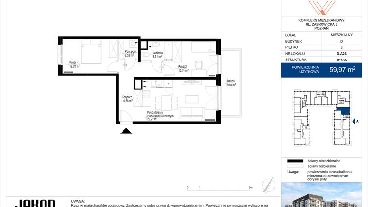 Rzut - Mieszkanie na sprzedaż 3 pokoje o powierzchni 59,97 m² - numer D.A26 w Wieruszowska D
