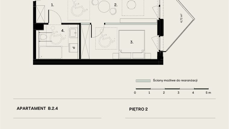 Rzut - Mieszkanie na sprzedaż 2 pokoje o powierzchni 42,17 m² - numer B/2/4 w Ogrodowa 12