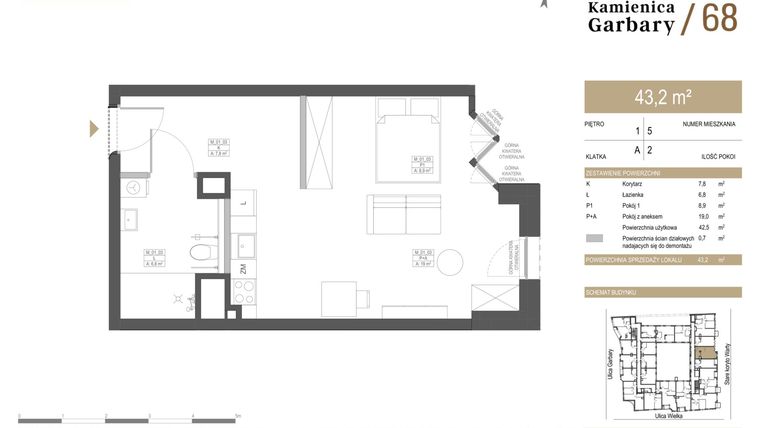 Rzut - Mieszkanie na sprzedaż 2 pokoje o powierzchni 43,2 m² - numer 5 w Garbary 68