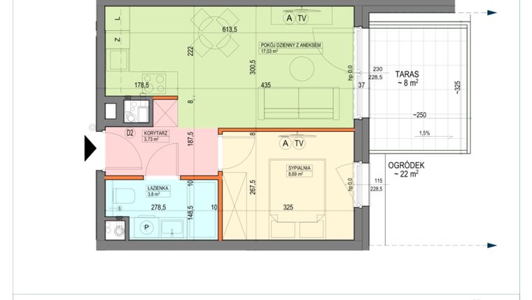 Rzut - Mieszkanie na sprzedaż 2 pokoje o powierzchni 33,25 m² - numer B2.0.33.2a w Junique I.II