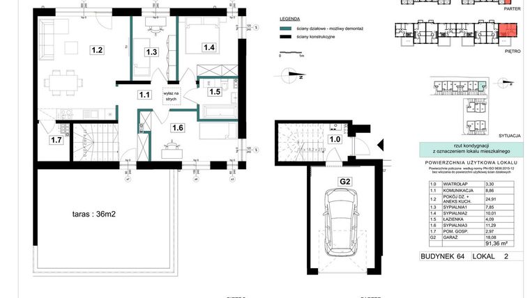 Rzut - Mieszkanie na sprzedaż 4 pokoje o powierzchni 91,36 m² - numer 64-2 w Błonie Bosco