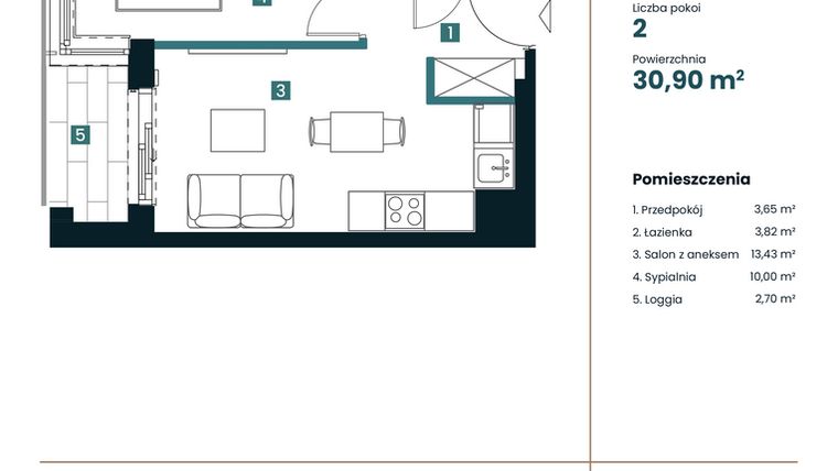 Rzut - Mieszkanie na sprzedaż 1 pokój o powierzchni 30,9 m² - numer M305 w Sea Breeze