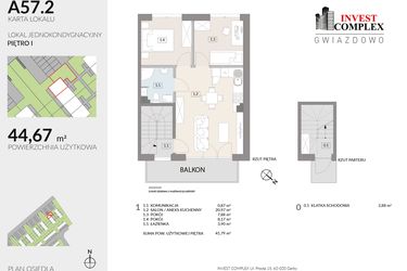 Rzut - Mieszkanie na sprzedaż 3 pokoje o powierzchni 44,67 m² - numer A57.2 w Osiedle Gwiazdowo etap 6B