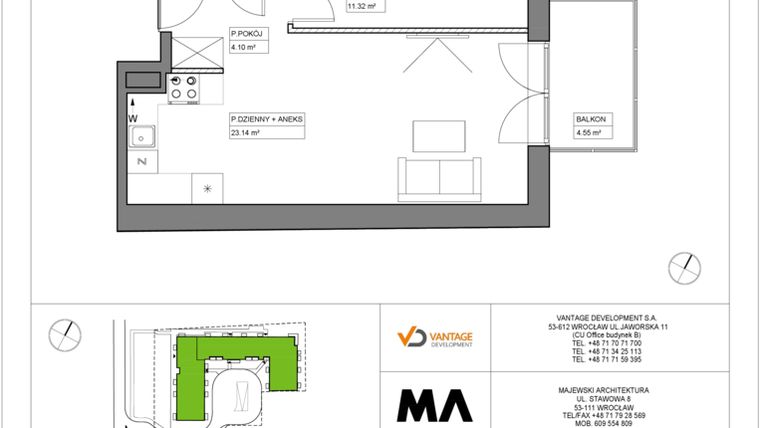 Rzut - Mieszkanie na sprzedaż 2 pokoje o powierzchni 43,23 m² - numer PT/C/1/5 w Przystanek Tarnogaj