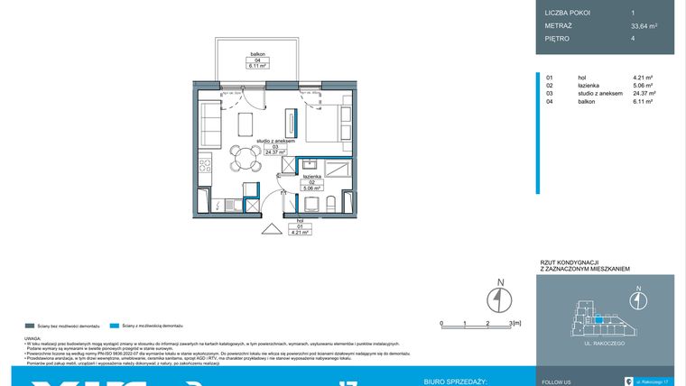Rzut - Mieszkanie na sprzedaż 1 pokój o powierzchni 33,61 m² - numer A.4.1 w Rakoczego 17